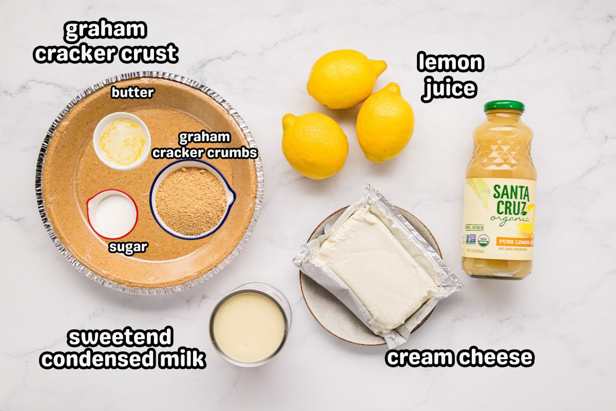 A labeled image of ingredients needed to make lemon icebox pie.
