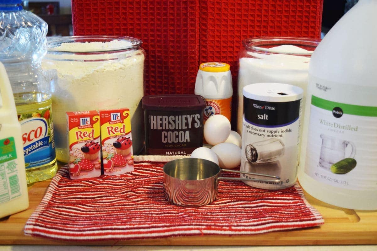An image of ingredients needed for red velvet cupcakes.