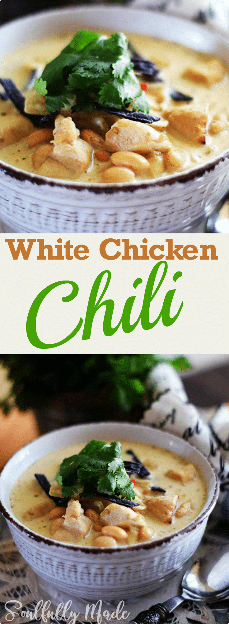 the pinterest image for this white chicken chili recipe