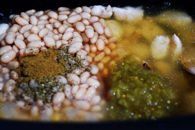 a closeup of all of the ingredients needed to make this stovetop white chicken chili recipe