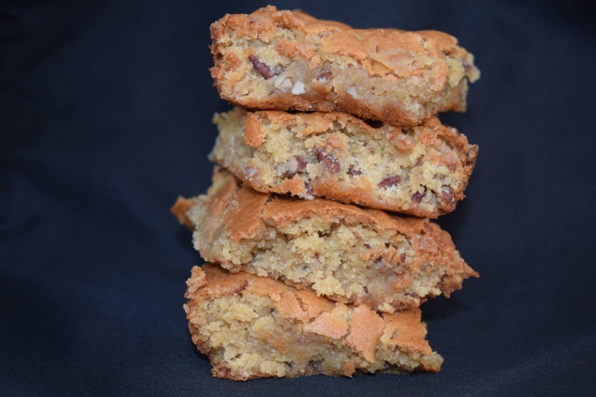 a stack of slices of homemade chewy cake 