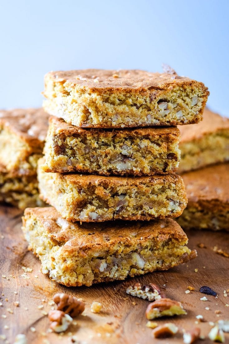 a stack of my pecan chewy cake bars aka pecan chewies