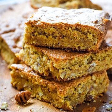 A stack of three of my pecan chew cake bars aka pecan chewies