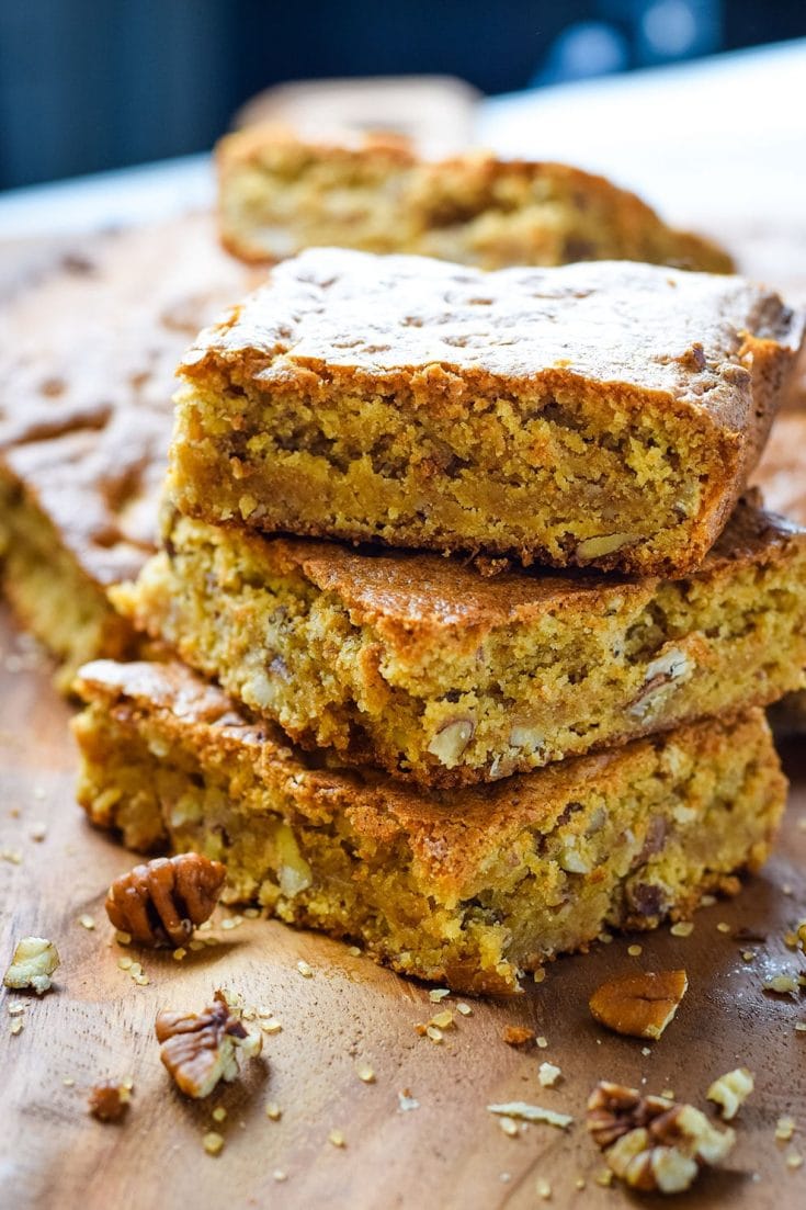 A stack of three of my pecan chew cake bars aka pecan chewies 