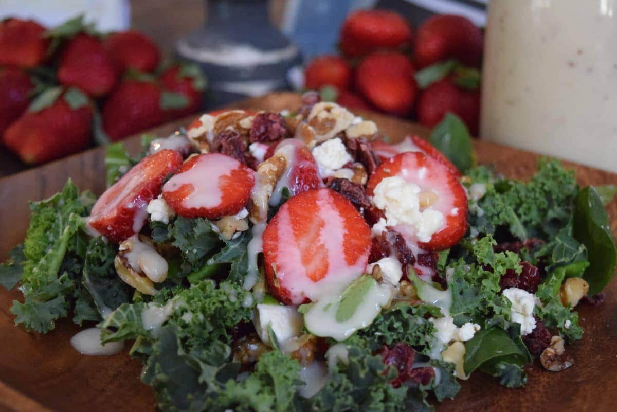 a closeup of this strawberry kale salad