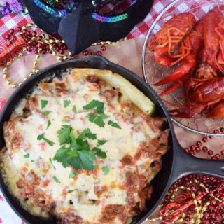 an overhead view of these andouille and crawfish pimento cheese fries