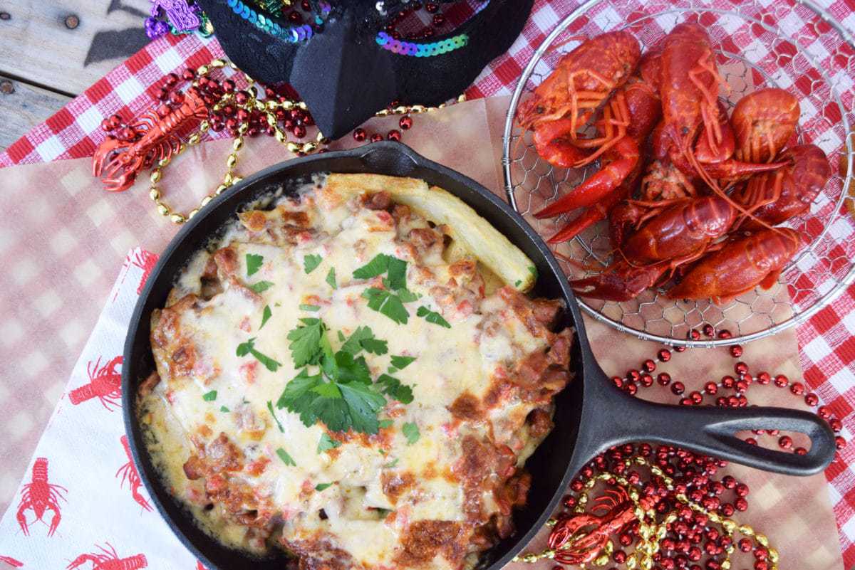 an overhead view of these andouille and crawfish pimento cheese fries