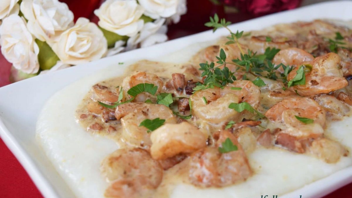Shrimp and Grits with Andouille Cream Sauce SundaySupper Soulfully Made
