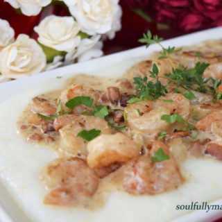 a closeup of this shrimp and grits with andouille cream sauce recipe
