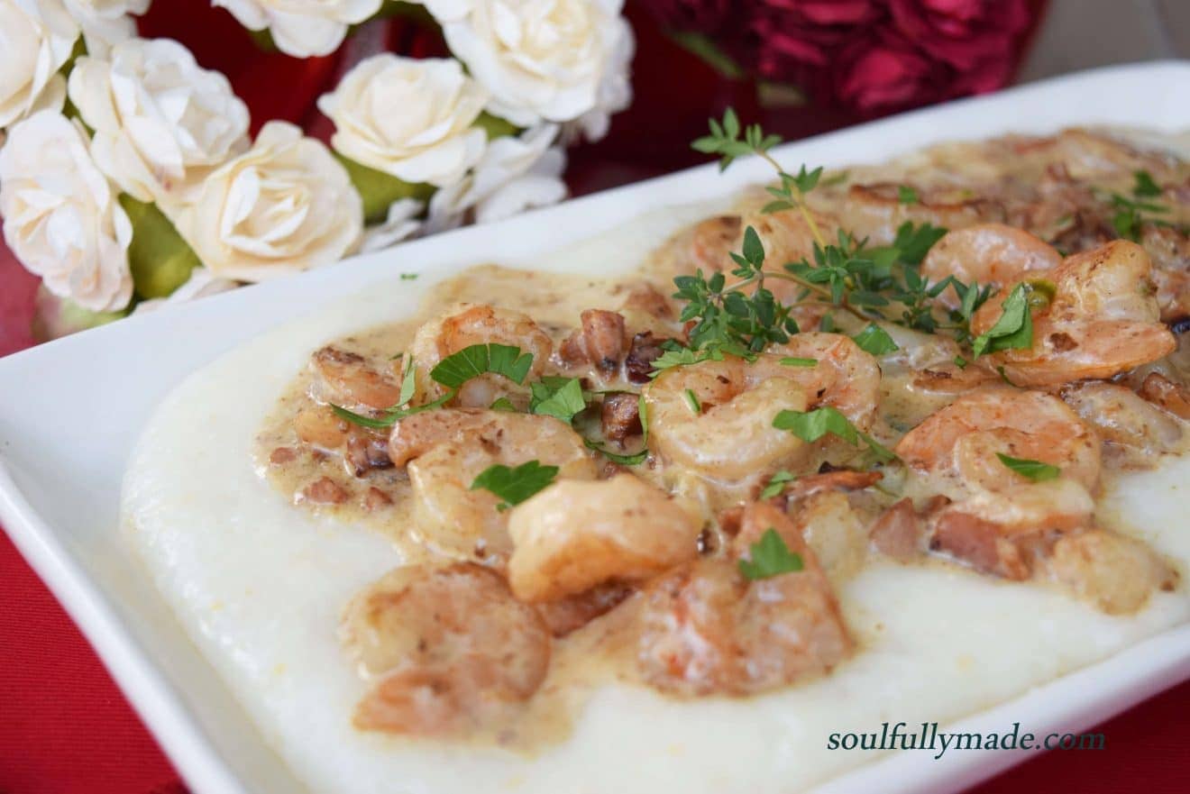 a closeup of this shrimp and grits with andouille cream sauce recipe