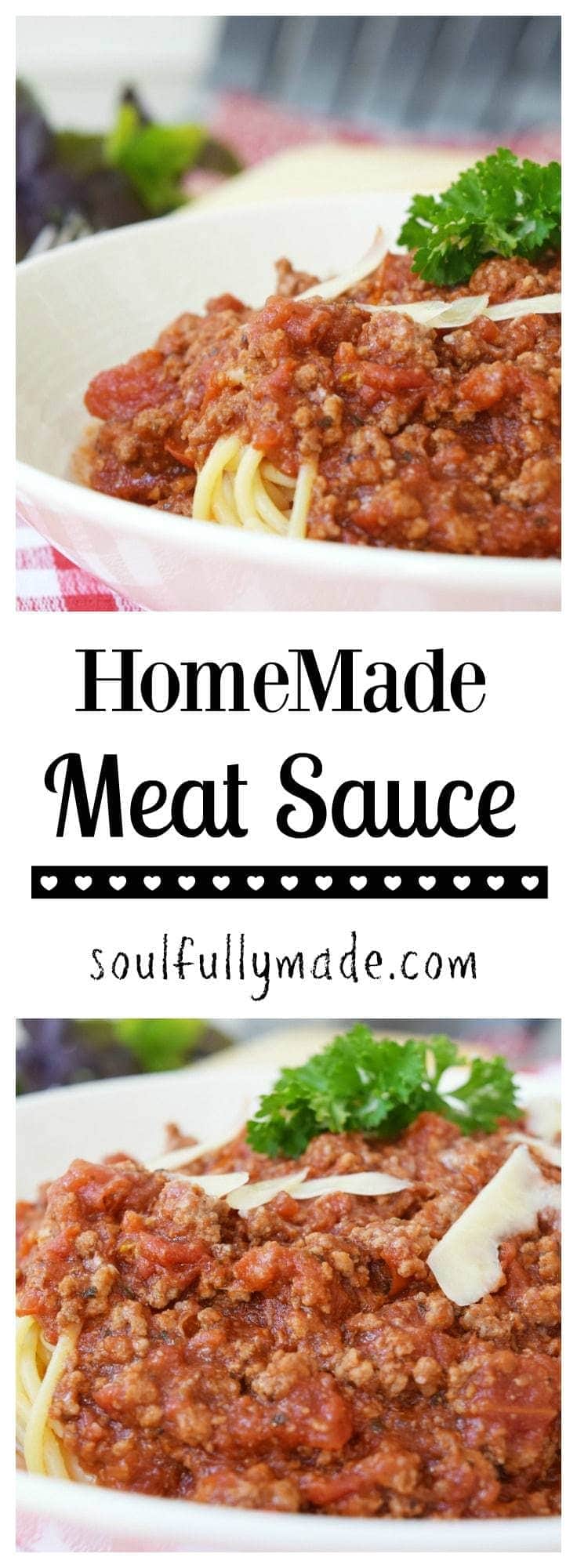 the pinterest image for this homemade meat sauce recipe