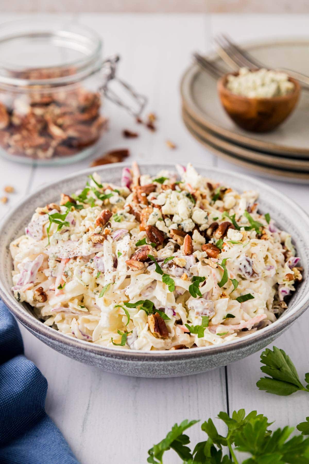 Blue Cheese coleslaw in a textured bowl.