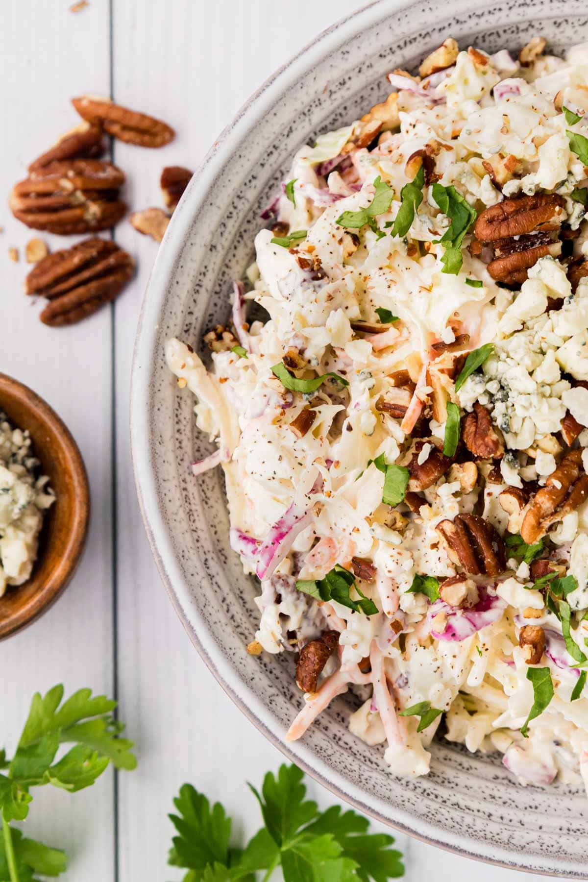 Up close shot of slaw in bowl.
