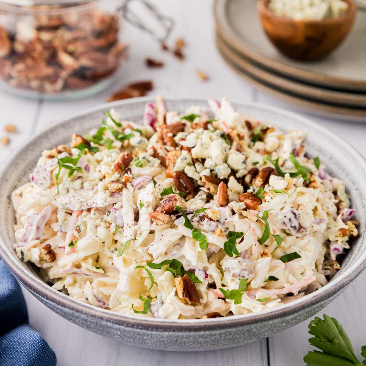 Blue Cheese coleslaw in a textured bowl.