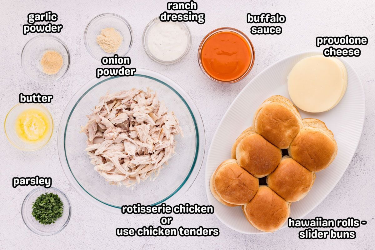 A labeled image on ingredients needed to make buffalo chicken sliders.