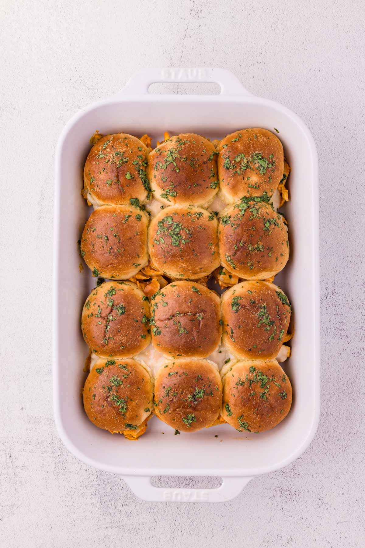 Buffalo sliders after being baked uncovered.