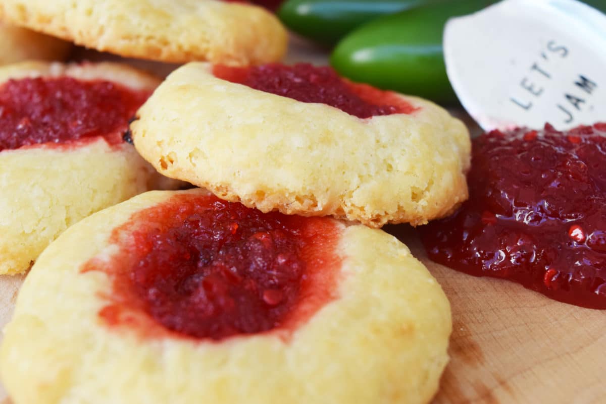 Cheesy Thumbprint Cookies with Green Tomato Strawberry Jalapeño Jam
