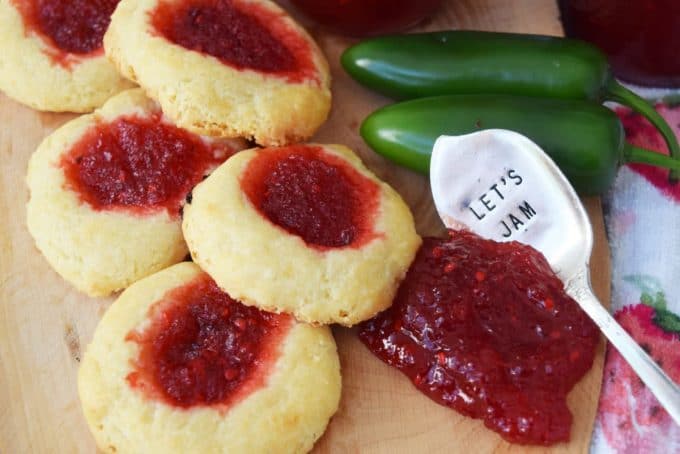 Cheesy Thumbprint Cookies with Green Tomato Strawberry Jalapeño Jam