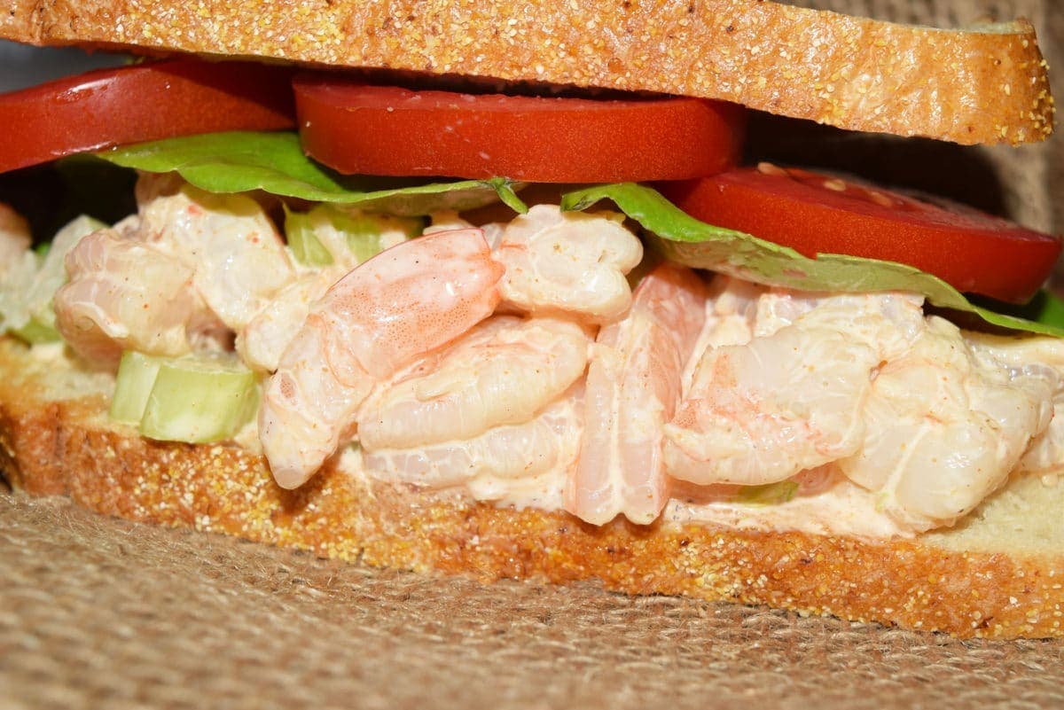 a closeup of a side view of a shrimp salad sandwich