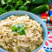 an overhead view of crock pot salsa verde chicken