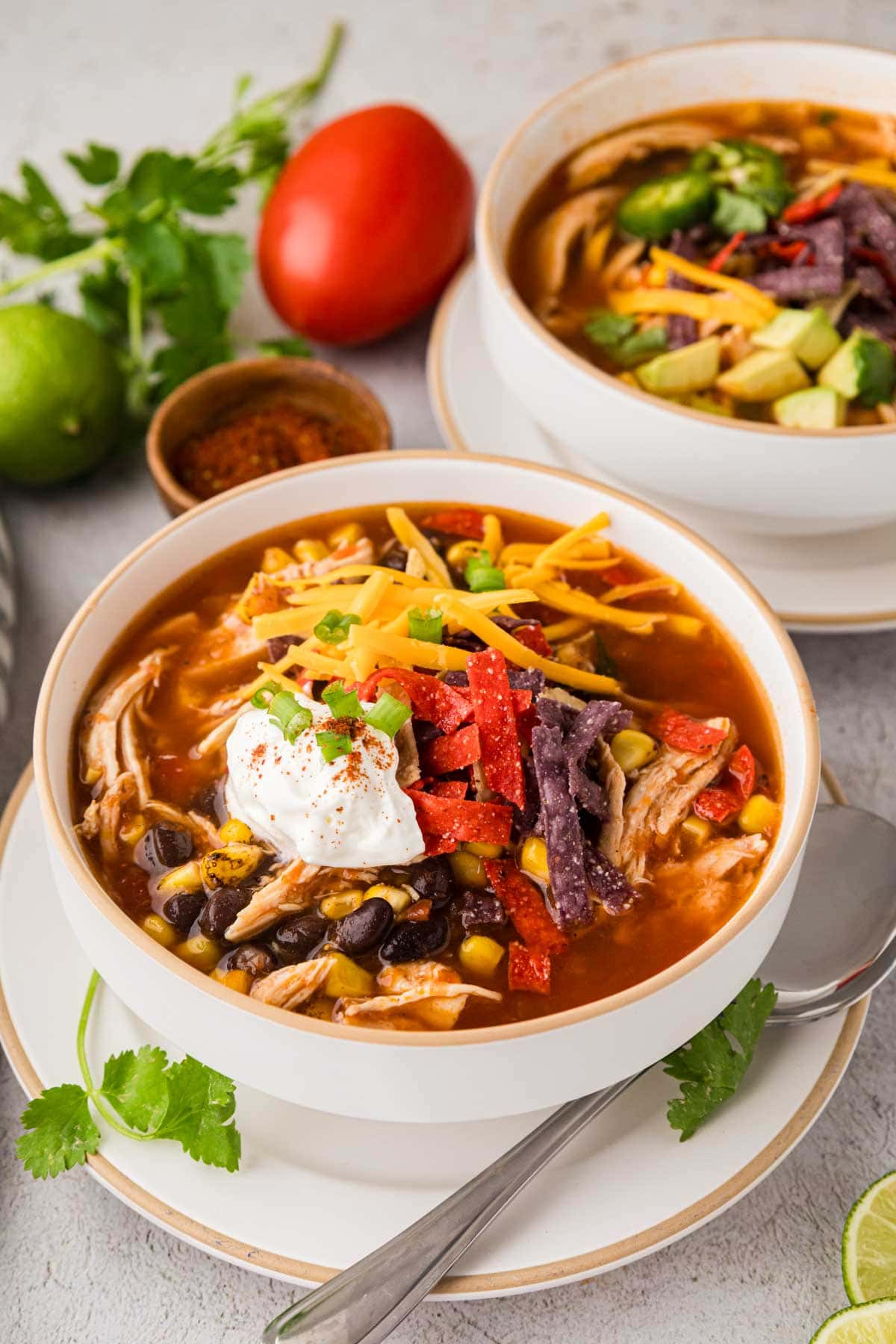Tortilla soup in a white bowl.