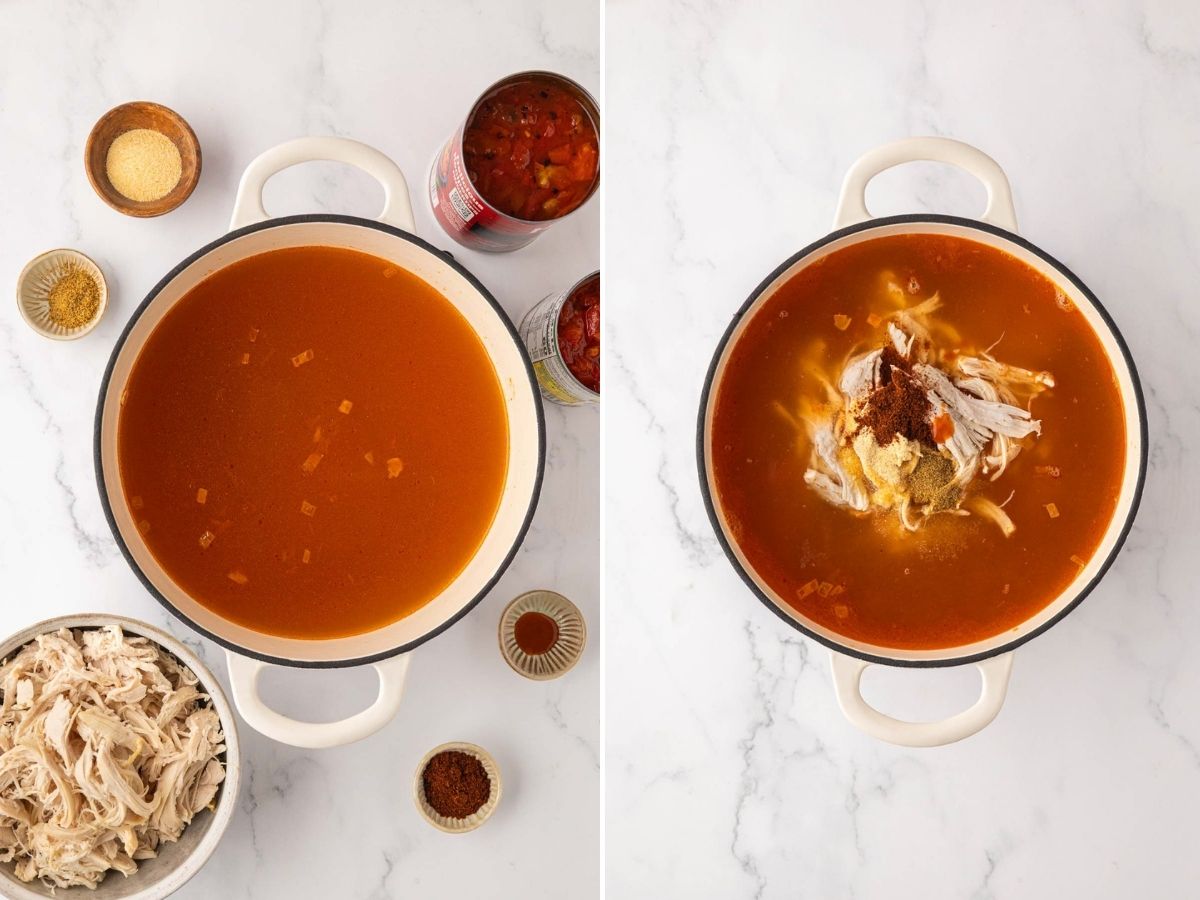 Adding chicken, broth and seasonings to make soup.