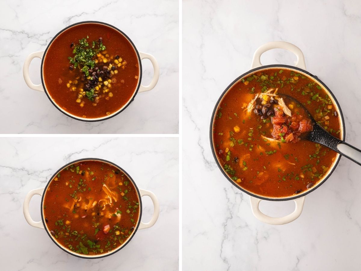 Collage image adding corn, beans, cilantro and lime juice to the chicken tortilla soup.