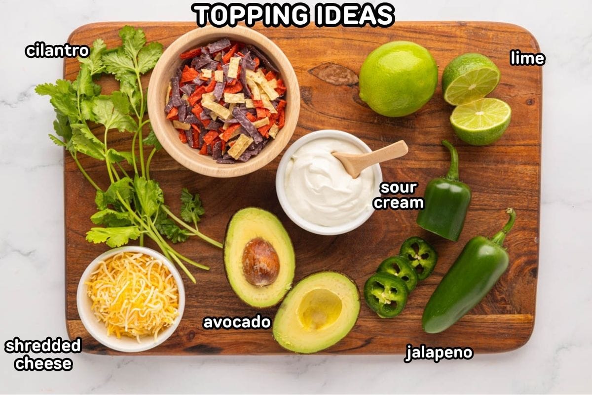 A labeled image of toppings to go with chicken tortilla soup.