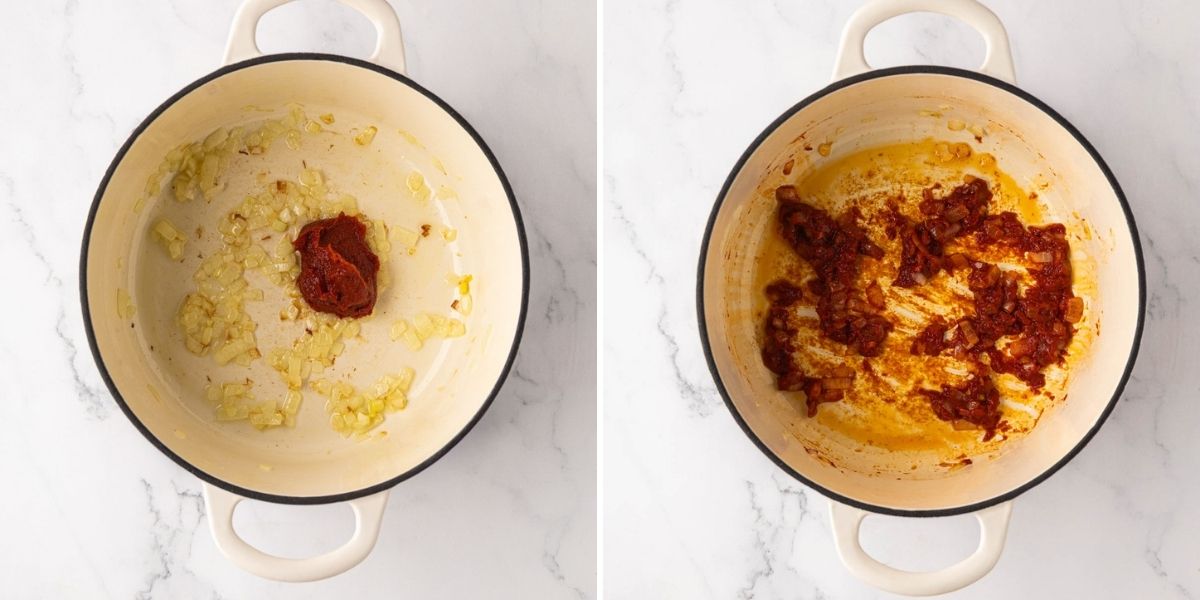 Adding tomato paste to onion to saute.