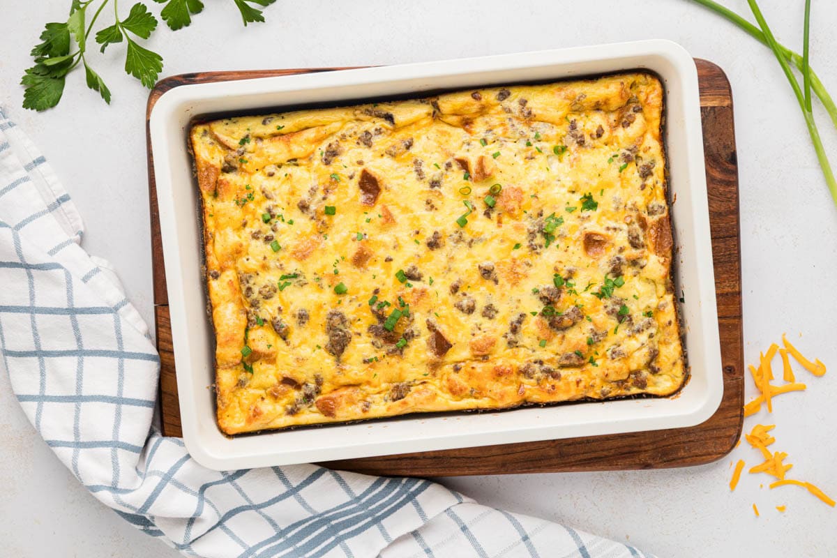 An overhead view of the egg breakfast casserole after being baked.