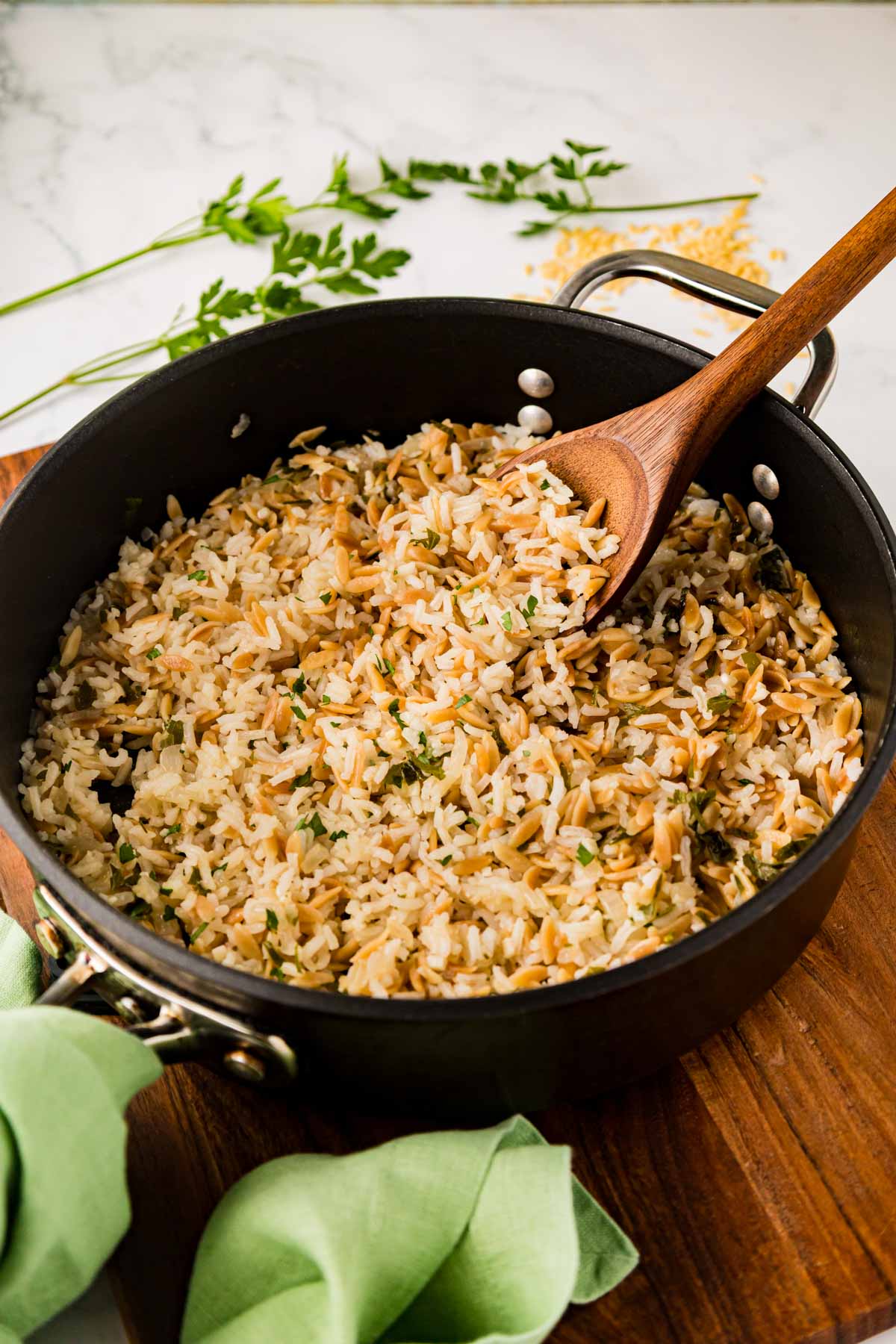 Rice pilaf in a skillet.