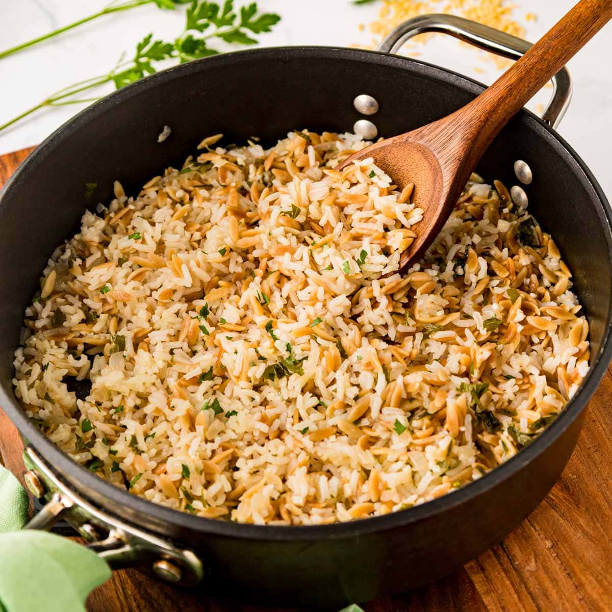 Rice pilaf in a skillet.