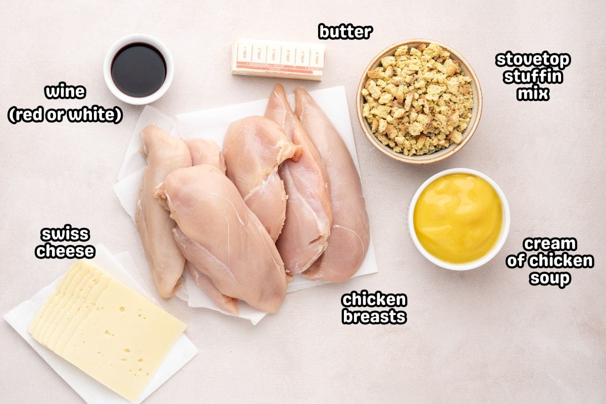 A labeled image of ingredients needed to make swiss chicken casserole.