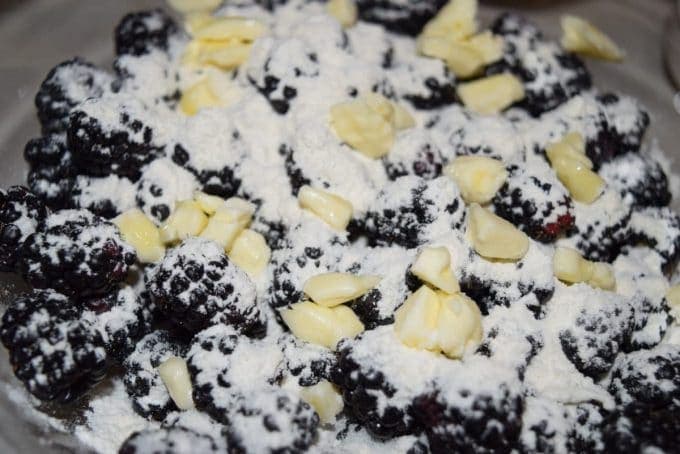 a closeup fo the ingredients needed to make this blackberry cobbler with brown sugar pecan biscuits