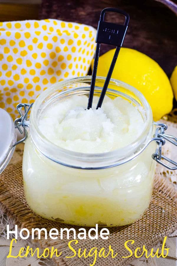 a glass jar of this homemade lemon sugar scrub