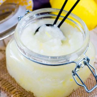 a glass jar of this homemade lemon sugar scrub