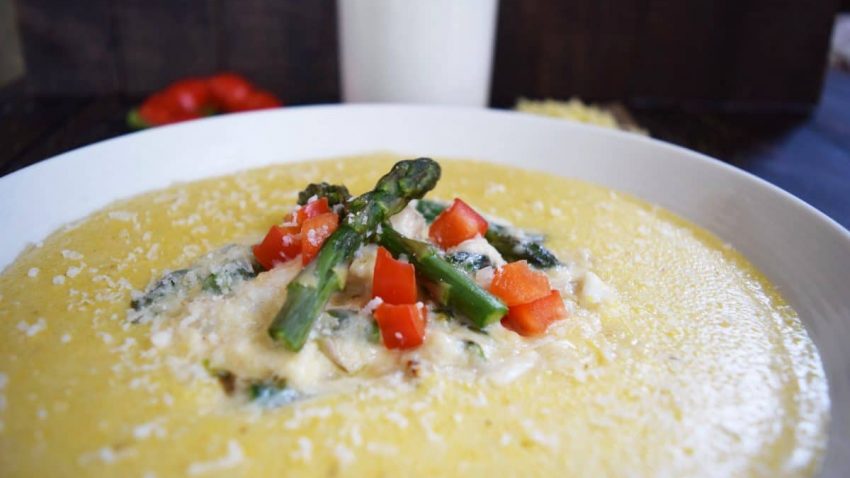  Gouda Grits with Asparagus & Crab Sauce