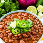 an overhead view of these charro beans made in the instant pot or on the stovetop