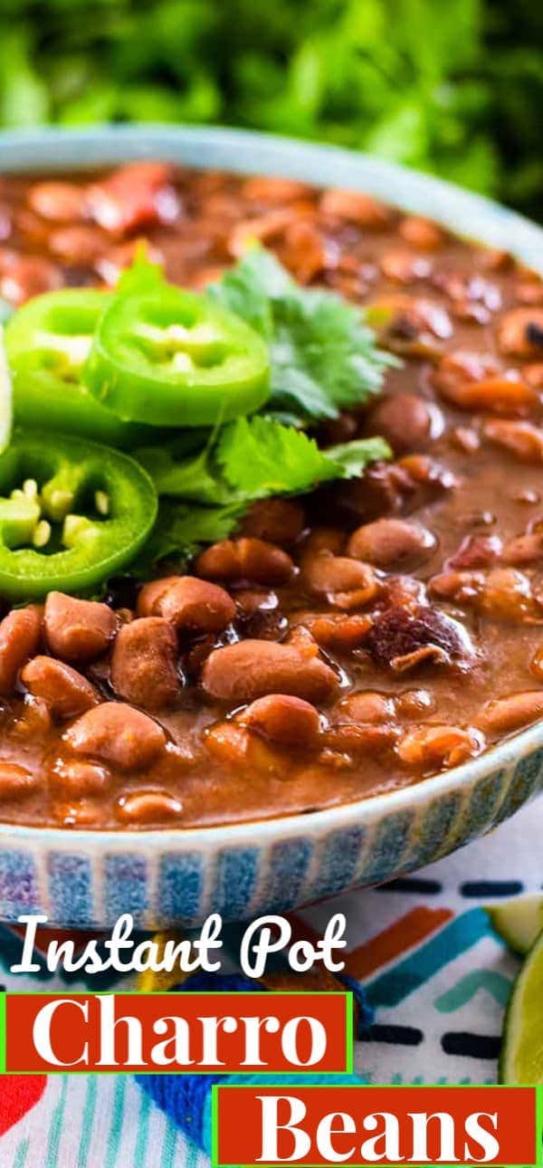 a closeup of a serving of this homemade charro beans recipe topped with jalapeno slices