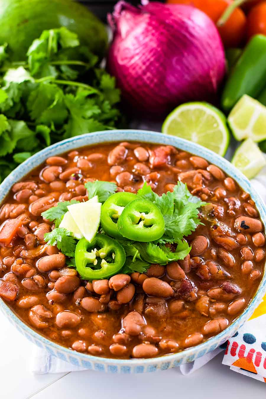 an overhead view of these charro beans made in the instant pot or on the stovetop