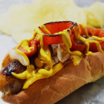 a closeup of this easy italian chicken sausage sandwiches with peppers and onions