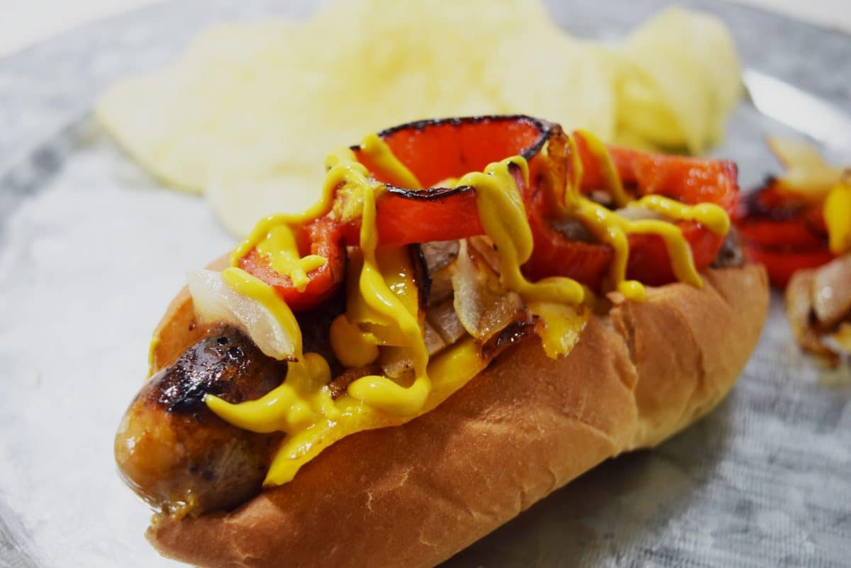 a closeup of this easy italian chicken sausage sandwiches with peppers and onions