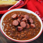 an overhead view of this hot dogs and hamburger cowboy beans recipe