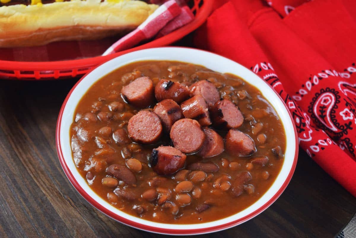 an overhead view of this hot dogs and hamburger cowboy beans recipe