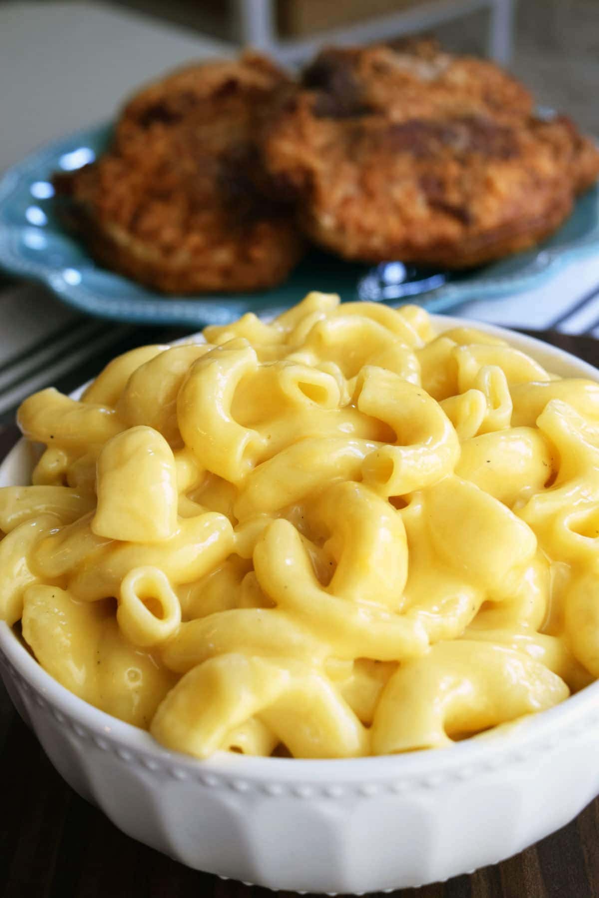 Instant Pot Mac N Cheese in a white bowl