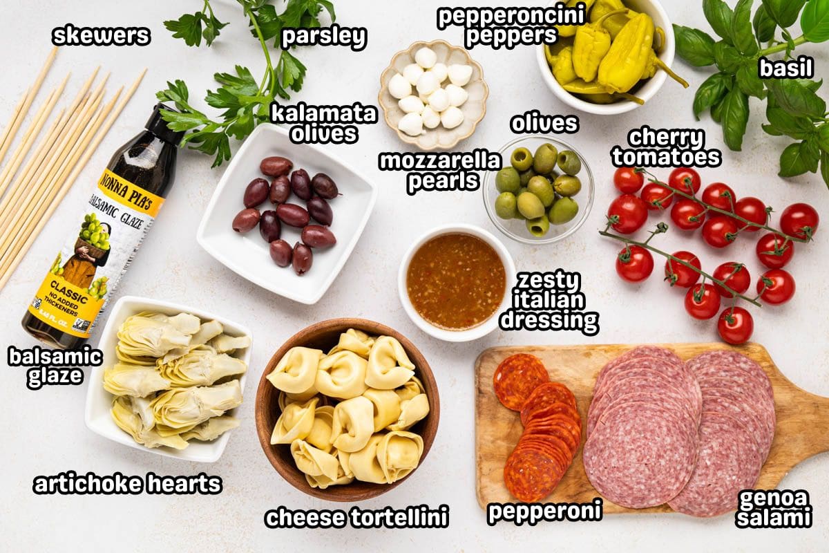 A labeled image of ingredients needed to make antipasto skewers.