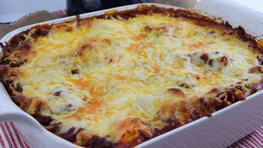 an overhead view of this baked homemade lasagna fresh from the oven