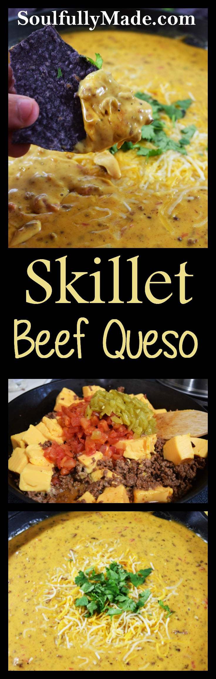 the pinterest image for this skillet beef queso dip recipe