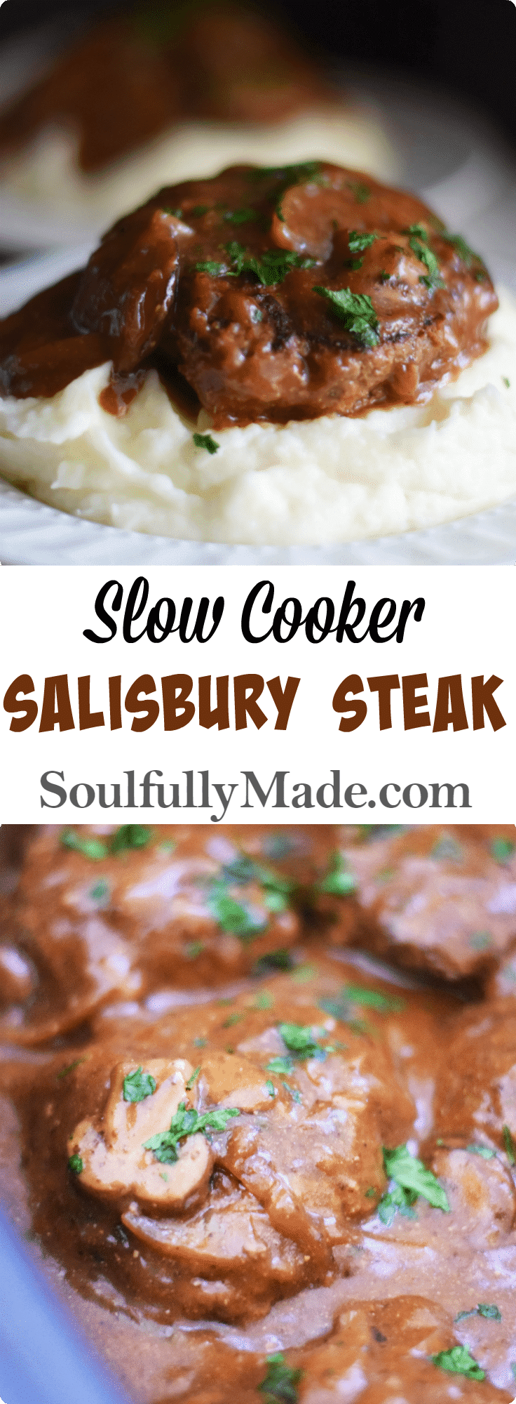 the pinterest image for this slow cooker salisbury steak recipe