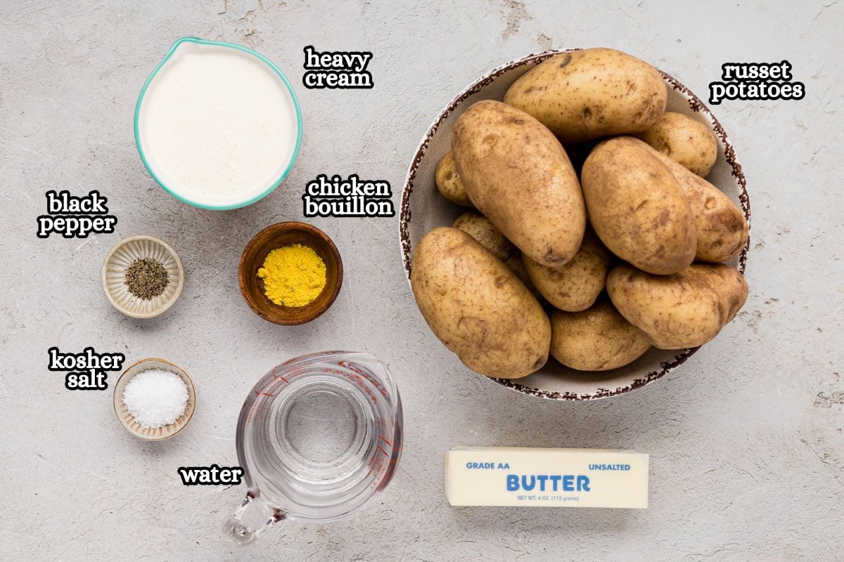 A labeled image on ingredients needed to make instant pot mashed potatoes.